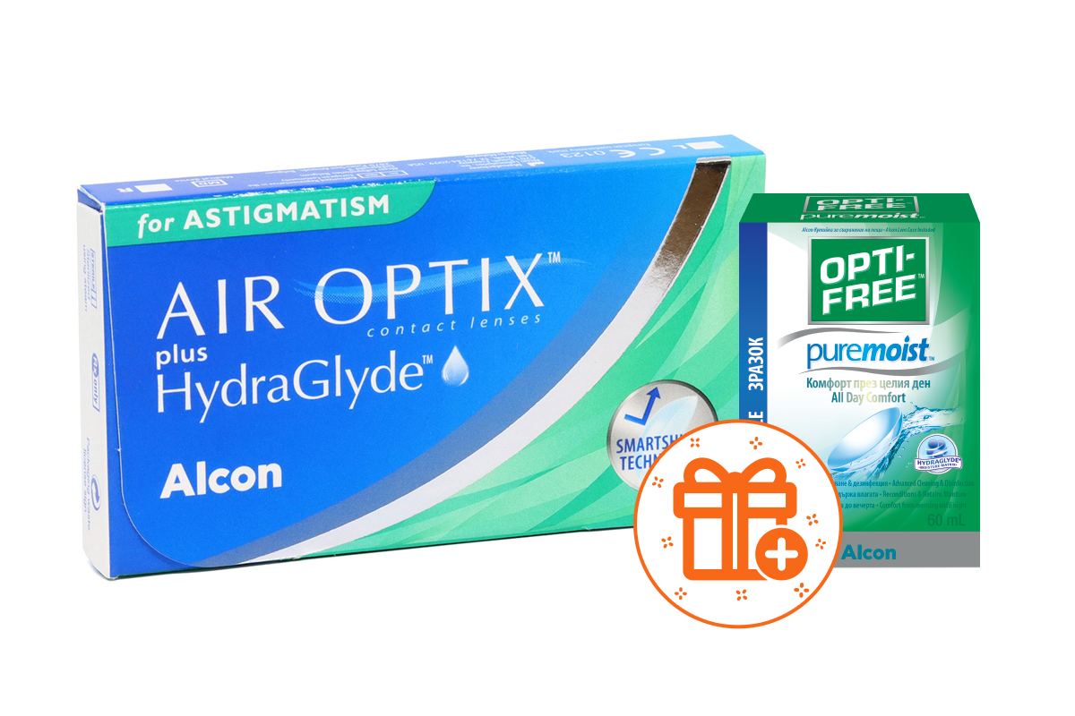 Мягкие контактные линзы Контактні лінзи Air Optix plus HydraGlyde for Astigmatism + розчин 60 мл - linza.com.ua